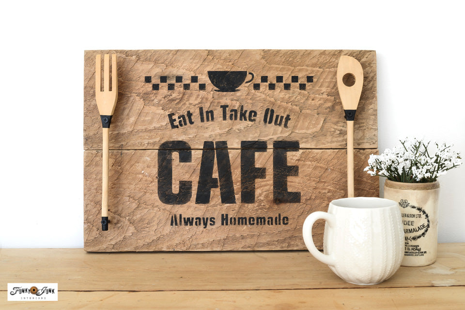 Create a CAFE serving tray with reclaimed wood and wooden fork and spoon for handles! With CAFE stencil from Funky Junk's Old Sign Stencils.