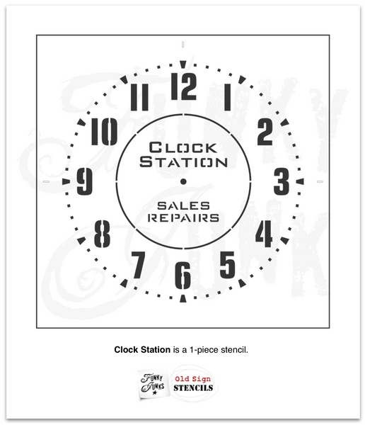 Create a timeless statement with our Clock Station stencil! This compact clock stencil design will create a realistic clock look on most any sized surface. Bold numbers make it easy to read, while the Clock Station Sales Repairs sign adds an authentic vintage-industrial touch. Add a clock kit to create a real working clock!