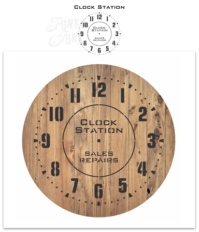 Create a timeless statement with our Clock Station stencil! This compact clock stencil design will create a realistic clock look on most any sized surface. Bold numbers make it easy to read, while the Clock Station Sales Repairs sign adds an authentic vintage-industrial touch. Add a clock kit to create a real working clock!