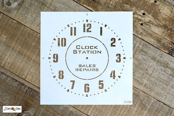 Create a timeless statement with our Clock Station stencil! This compact clock stencil will create a realistic clock look on most any sized surface. Bold numbers make it easy to read, while the Clock Station Sales Repairs sign adds an authentic vintage-industrial touch. Add a clock kit to create a real working clock!