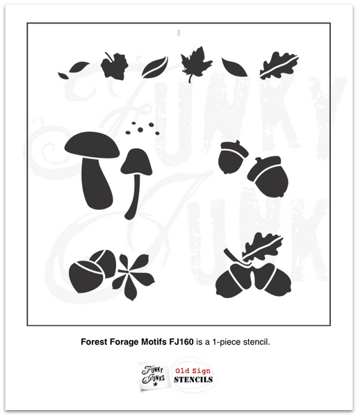 Add quaint touches of nature to your projects with the Forest Forage Motifs stencil! Featuring a leaf border, mushrooms, acorns and chestnuts, this stencil allows you to easily incorporate natural elements onto your projects thanks to their separate grouping. Themed perfectly for fall or everyday decorating.