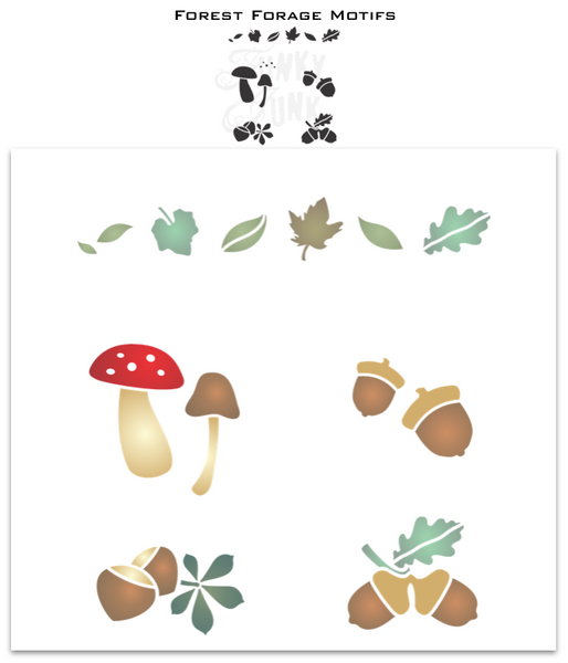 Add quaint touches of nature to your projects with the Forest Forage Motifs stencil! Featuring a leaf border, mushrooms, acorns and chestnuts, this stencil allows you to easily incorporate natural elements onto your projects thanks to their separate grouping. Themed perfectly for fall or everyday decorating.