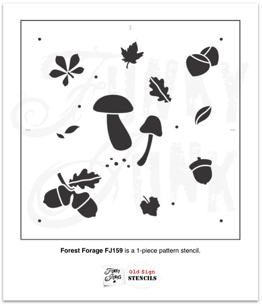 Capture the whimsy of a forest meander with our Forest Forage stencil! This quaint stencil pattern includes mushrooms, leaves, chestnuts, and acorns, perfect for capturing a forest's best gatherings. Add a touch of nature to any project with this unique stencil!