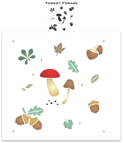 Capture the whimsy of a forest meander with our Forest Forage stencil! This quaint stencil pattern includes mushrooms, leaves, chestnuts, and acorns, perfect for capturing a forest's best gatherings. Add a touch of nature to any project with this unique stencil!