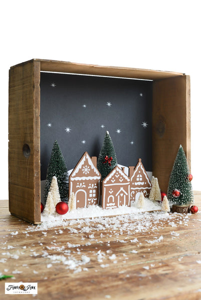 Create a dreamy holiday scene with the Gingerbread Village stencil! Included are three charming gingerbread houses with hand-drawn icing details. Included is a sky scene if stenciling on a flat surface, or use the additional stencil pieces designed to fit perfectly on cut 2x4s to create 3D houses.