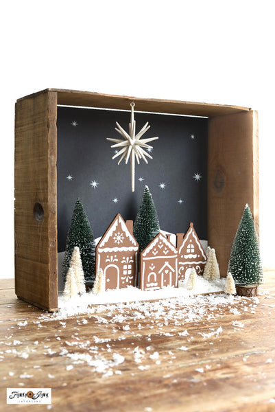 Create a dreamy holiday scene with the Gingerbread Village stencil! Included are three charming gingerbread houses with hand-drawn icing details. Included is a sky scene if stenciling on a flat surface, or use the additional stencil pieces designed to fit perfectly on cut 2x4s to create 3D houses.