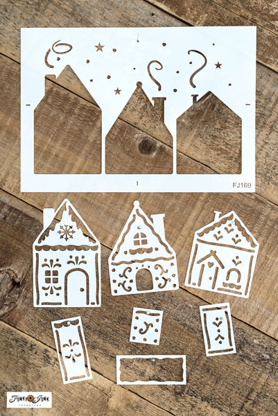 Create a dreamy holiday scene with the Gingerbread Village stencil! Included are three charming gingerbread houses with hand-drawn icing details. Included is a sky scene if stenciling on a flat surface, or use the additional stencil pieces designed to fit perfectly on cut 2x4s to create 3D houses.&nbsp;