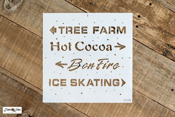 Get into the festive spirit with our Mini Christmas Directional Signs stencil! This Christmas stencil features classic directional arrow signs along with a swirling snowflake backdrop, perfect for creating a cozy Christmas tree farm experience.

Included are fun activities like hot cocoa, bonfires, and ice skating and picking out this year's Christmas tree! It's now easy to add a touch of nostalgia to your holiday decor with one Christmas sign that says it all!