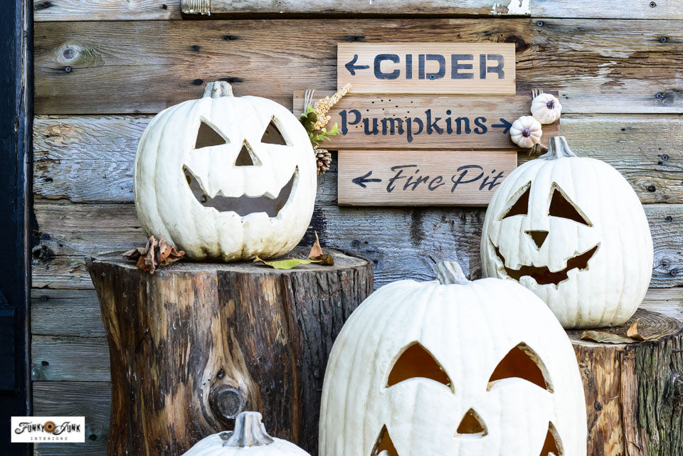 Mini Fall Directional Sign with Cider Pumpkins Fire Pit with Funky Junk's Old Sign Stencils