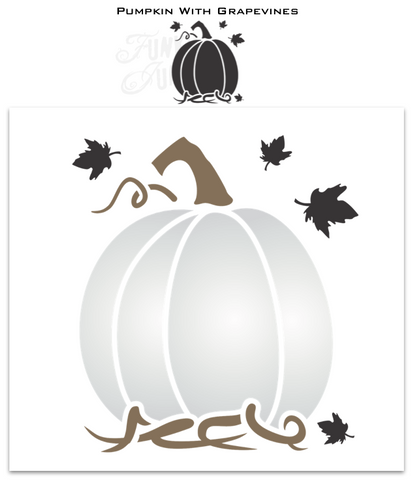 Create the perfect pumpkin of your fall dreams with our Pumpkin with Grapevines stencil! A pumpkin is nested on a bed of grapevines for a rustic touch. Keep the pumpkin plain or decorate with a unique pattern or carved faces to charm it up! Included with this pumpkin stencil are falling leaves for extra autumn charm.