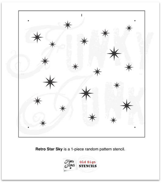 Sprinkle some celestial charm onto your projects with our FJ167 Retro Star Sky stencil! Bursting with retro-styled star bursts in various sizes, create a twinkling star-filled sky effect with this random repeating pattern stencil.