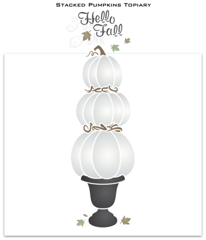 Create a major fall porch statement with our vertical Stacked Pumpkins Topiary stencil! Includes 3 stacked pumpkins nested on grapevines in a pedestal planter, and Hello Fall caption with falling leaves. Stencil pumpkins plain, or customize with pumpkin faces or illuminate with drilled holes. For fall and Halloween!