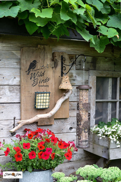 Bird feeding station with Wild Birds Sanctuary sign by Funky Junk's Old Sign Stencils