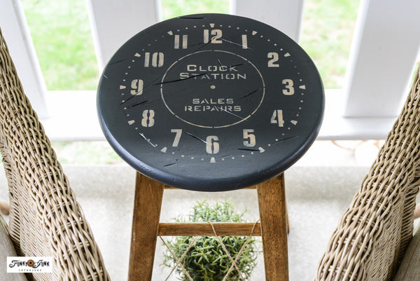 Stencil an industrial styled clock stool with Funky Junk's Old Sign Stencils!