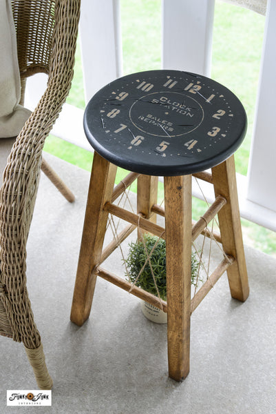 Stencil an industrial styled clock stool with Funky Junk's Old Sign Stencils!