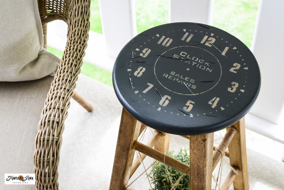 Stencil an industrial styled clock stool with Funky Junk's Old Sign Stencils!