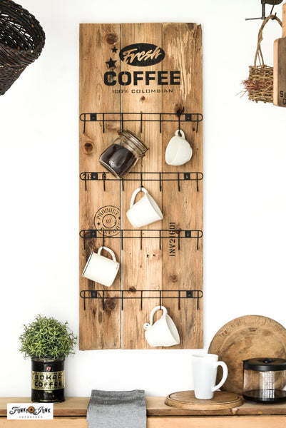 Create a Fresh Coffee mug rack for your own personal coffee station! Funky Junk's Old Sign Stencils.